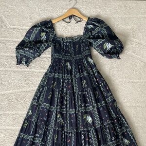 Hill House Nap Dress - Navy w light blue and green designs